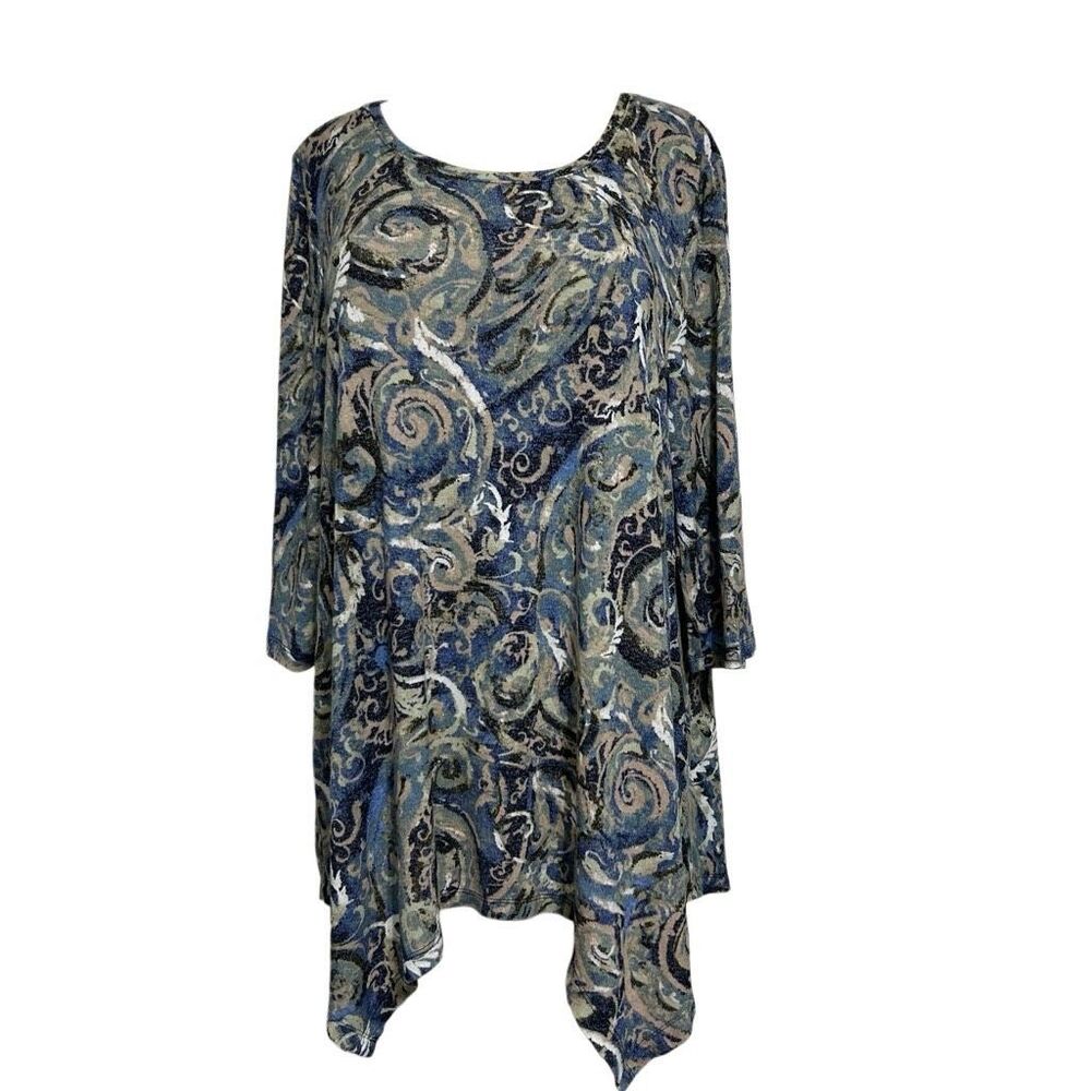 Catherines Tunic Top Womens 0X 14/16 Multicolor Paisley 3/4 Sleeve Sharkbite Hem